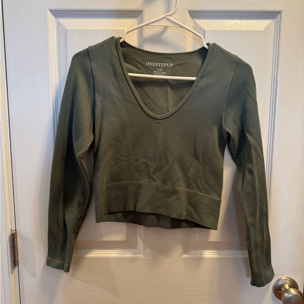Women’s One Step Up Women's Olive Ribbed Long Sleeve V Neck Top: L/XL
